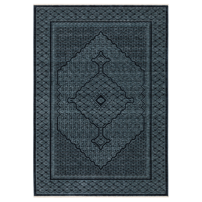 Edner Global Center Medallion Blue/Teal Area Rug, Rectangle 5'3" x 7'9"