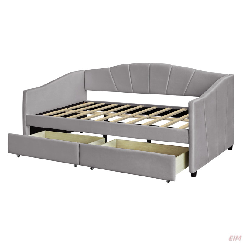 Upholstered Daybed Twin Size With Two Drawers And Wood Slat (Daybed), Gray