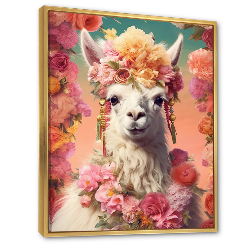 Lama harmonie II sur toile, H 32 po x l 24 po x P 1 po, Cadre flottant doré