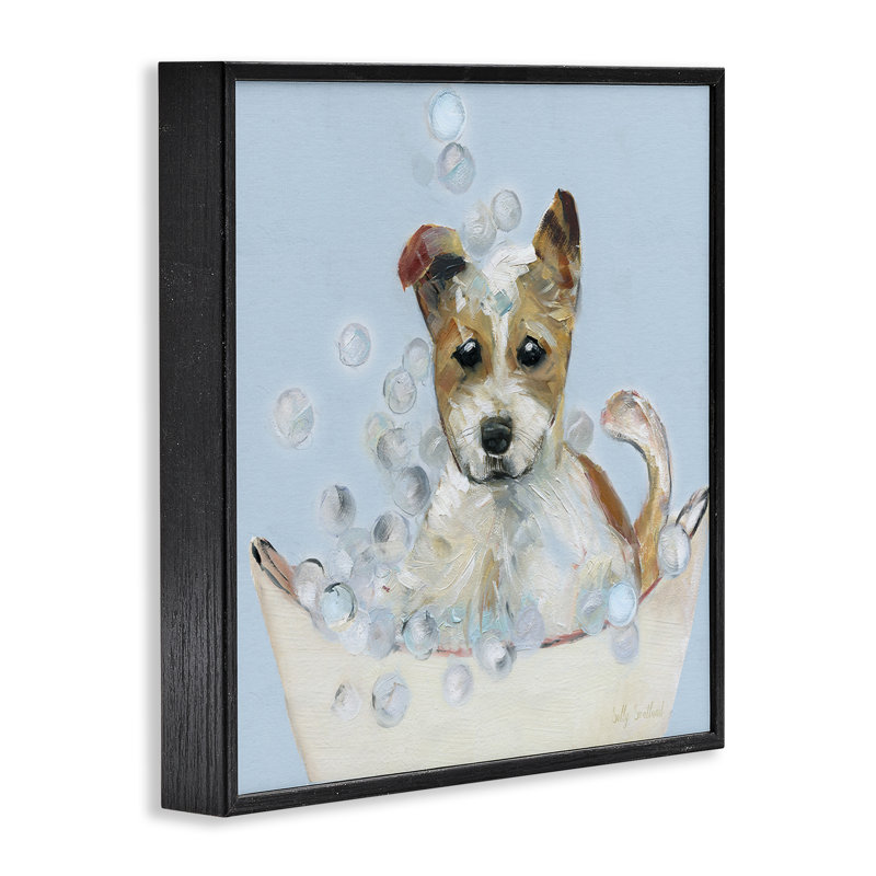 Fun Bubbles Puppy Bath Framed Giclee, design by Sally Swatland, Midnight Black Framed Giclee, 12" H x 12" W