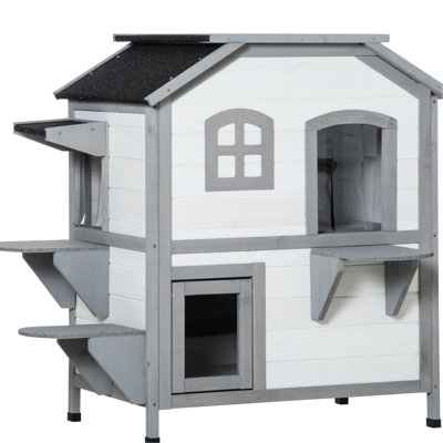 2-Story Outdoor Cat Shelter - Wooden Enclosure With Escape Hatch, Open Roof & Jumping Platforms For Lightweight Cats, White House Door, Roof,