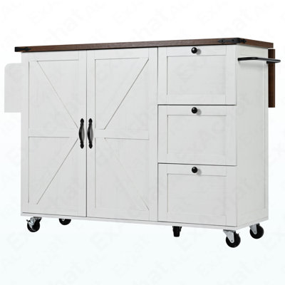 54.5" Farmhouse Kitchen Island With Power Outlet, Kitchen Storage Island  With Internal Storage Rack, Drop Leaf, Spice Rack, Rolling Kitchen Cart On Wheels, For Home, Kitchen And Dining Room,White