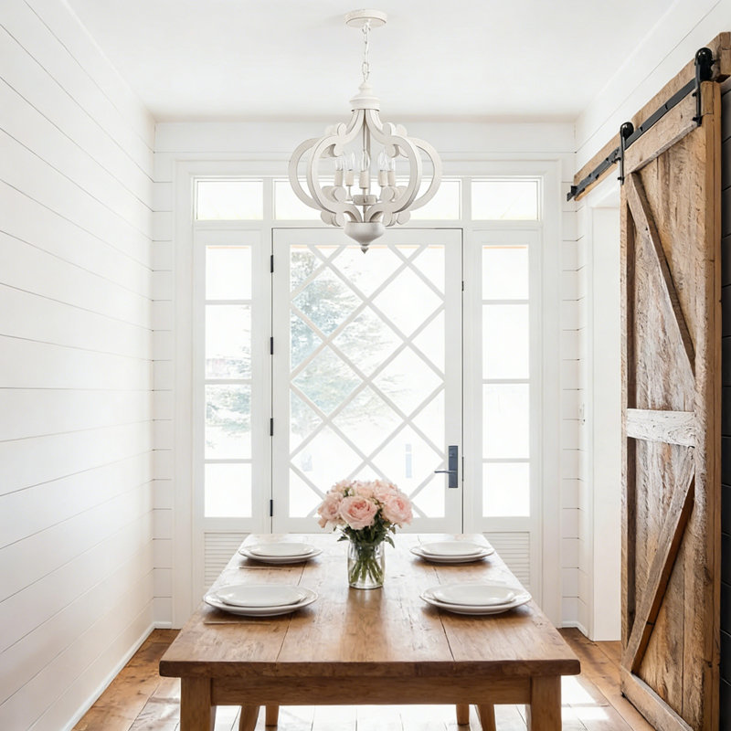 Lustre de style maison de campagne avec finition en bois vieilli, luminaire rustique à 5 lumières pour la salle à manger, le vestibule et le salon, à hauteur réglable et à intensité variable