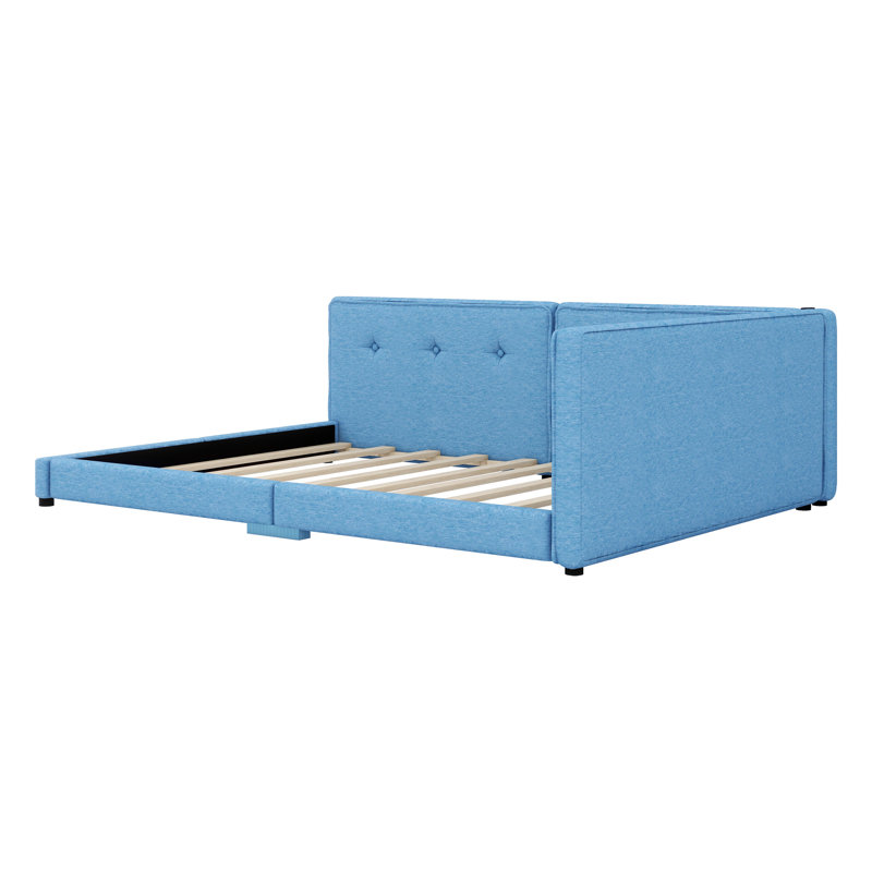 Lit plateforme tapissier avec ports USB intégrés, Double, Bleu