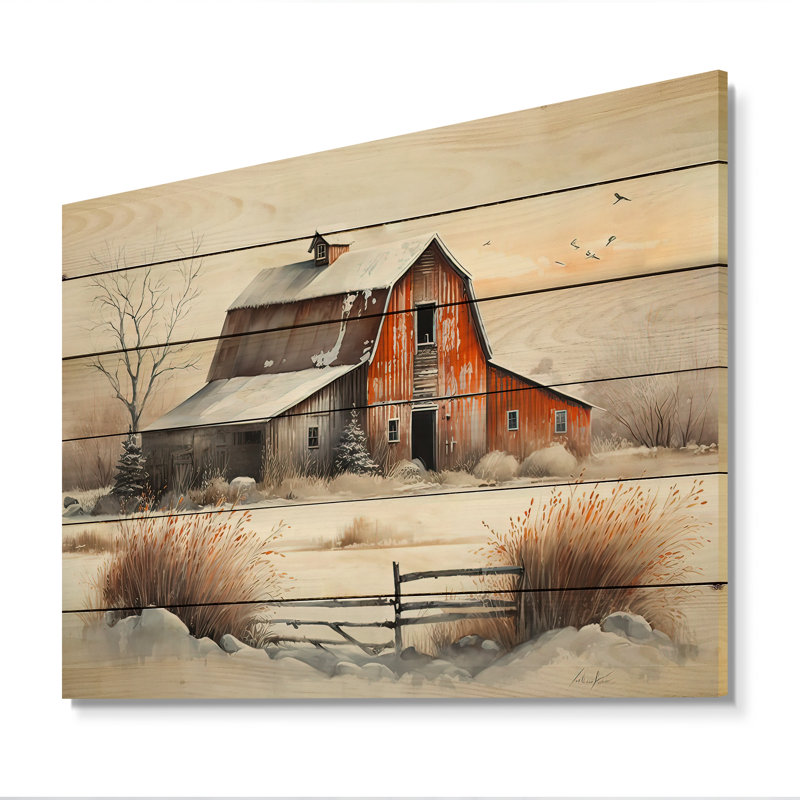 Cathrine, paysage de grange rouge en hiver II, reproduction sur bois sans cadre, H 12 po x l 20 po x P 1 po