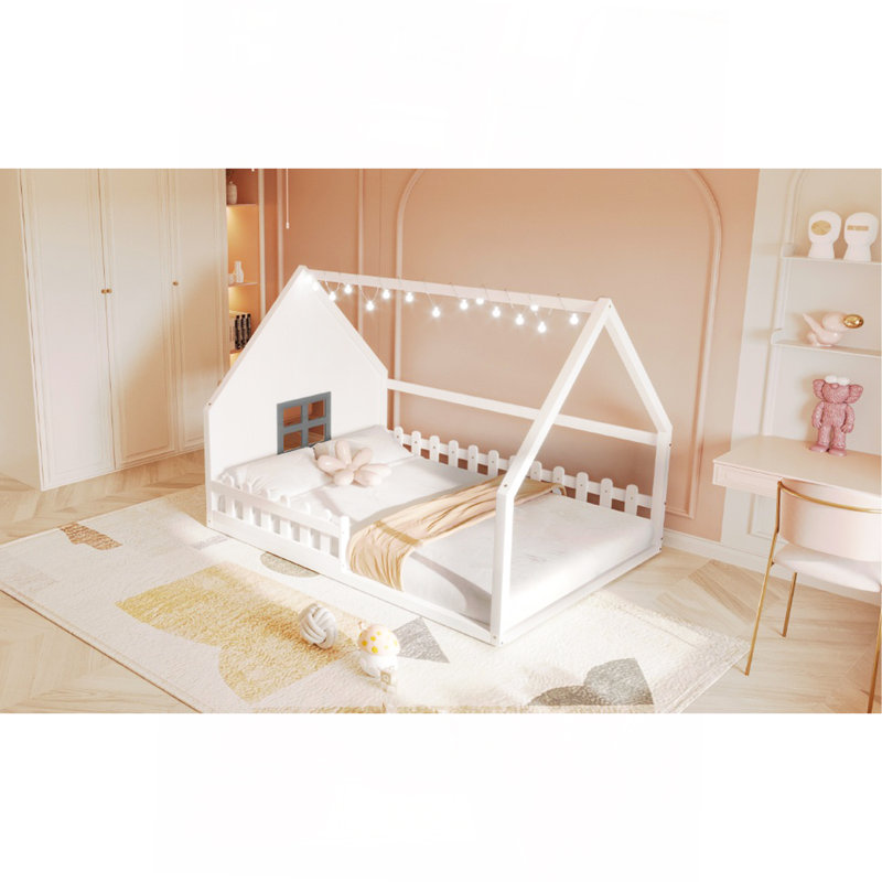 Full Size Wood House Bed With Window And Fence, White, White