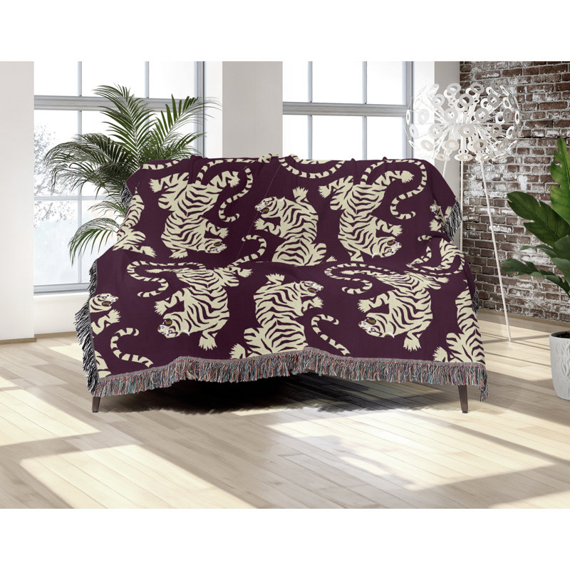 Jeté en mélange de coton Leonard Tiger, Pourpre / Blanc cassé, L 60 po x l 50 po