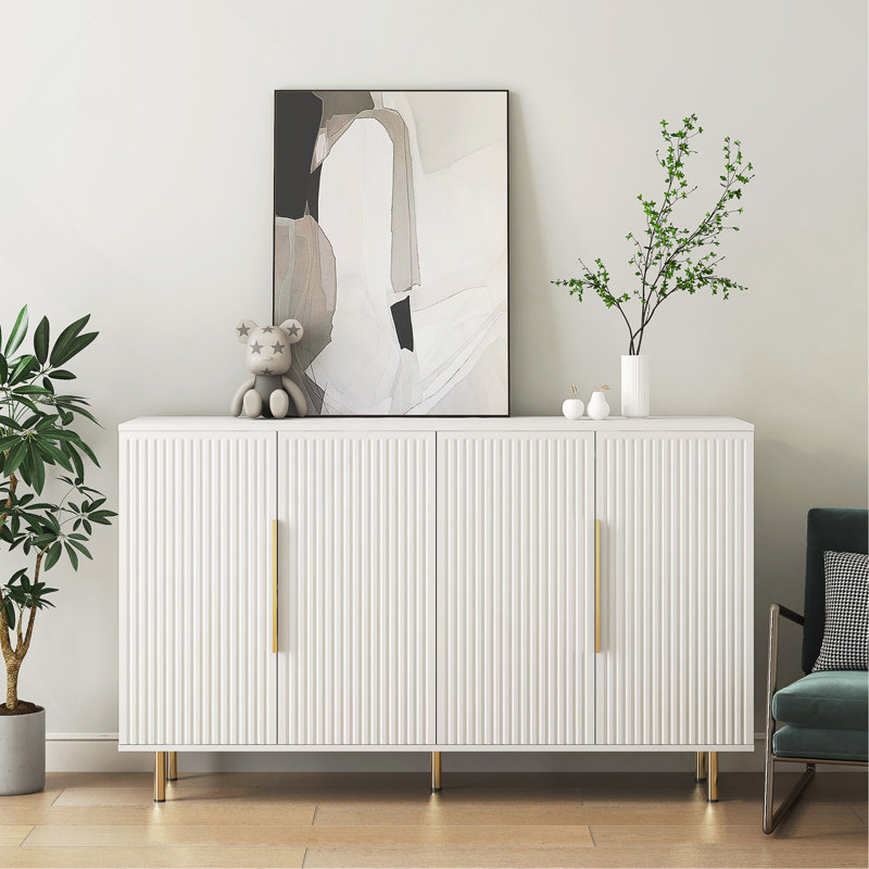 Sideboard With Adjustable Shelves And 4 Doors Fluted Panel, White