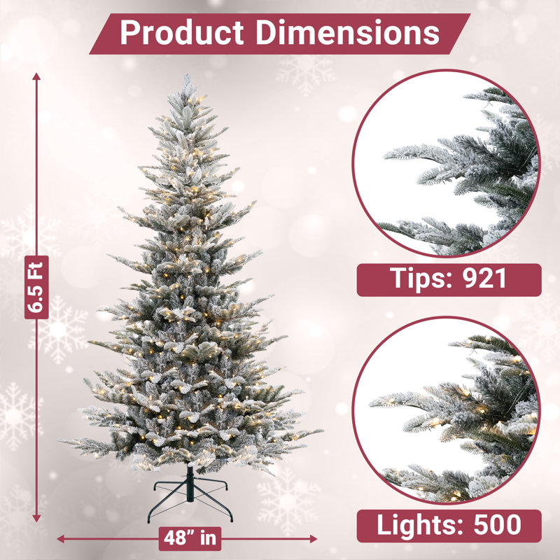 Rustic Snow-Covered Pre-Lit Christmas Trees with Warm Lights & Metal Stand, Sizes from 4.5 ft to 9 ft, 6.5'