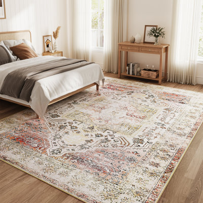 Vintage Area Rugs 9x12 Living Room Rug Washable Rugs for Bedroom Ultra-Thin Soft Throw Rugs Non Slip Boho Floral Distressed Rugs Indoor Floor Cover
