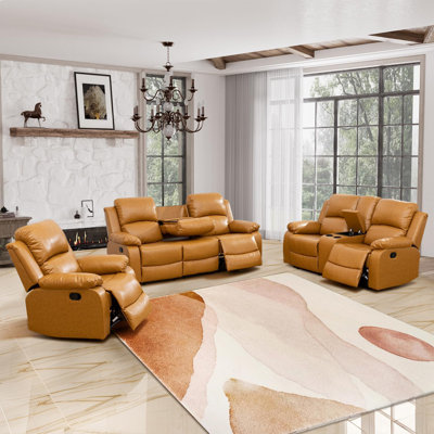 3-Piece Vegan Leather Manual Reclining Living Room Set With Cupholder