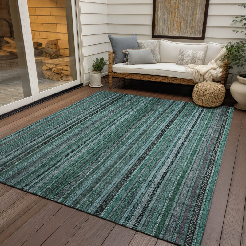 Teal and Black Striped Synthetic Washable Rug 2'6" x 3'10"