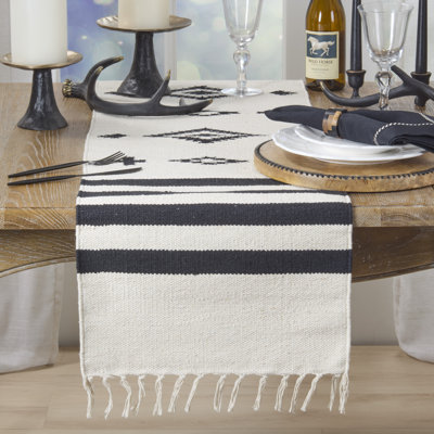 Southwestern Geometric Table Runner - Handwoven Farmhouse Table Runner with Woven Stripe Pattern and Fringe Tassels for Rustic Dining Tables and Casual Entertaining
