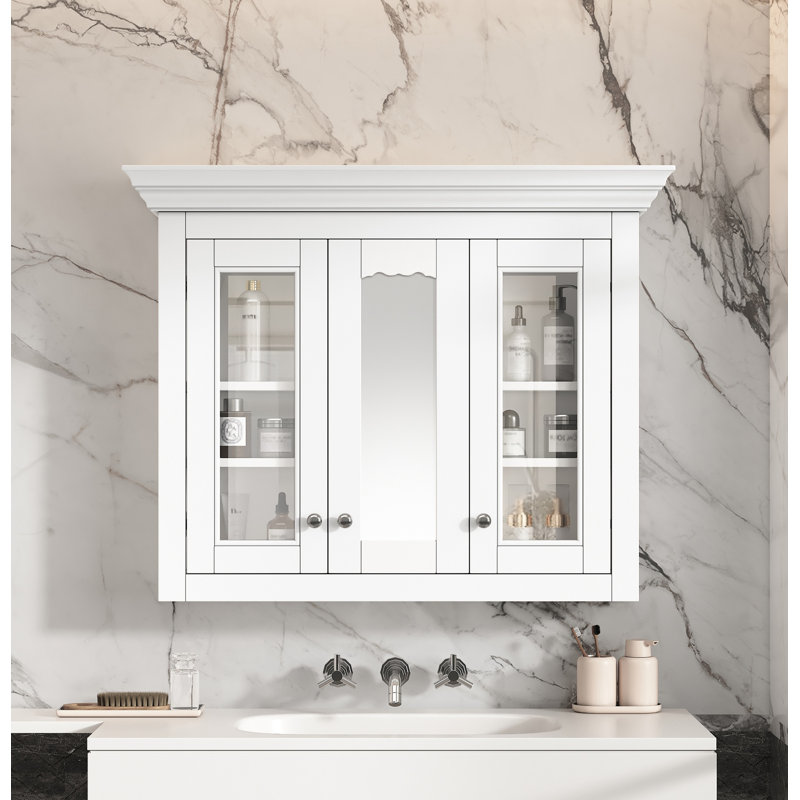 Armoire à pharmacie 35,03 "avec miroir, 5 tablettes fermées et réglables, armoire de rangement murale avec portes en verre