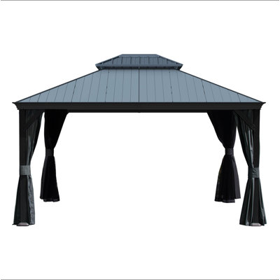 12'X14' Hardtop Gazebo With Resin Roof, Outdoor Metal Gazebo With Drainage Gutters, Permanent Heavy Duty Pavilion For Patio, Backyard And Deck, Curtains And Mosquito Netting Included