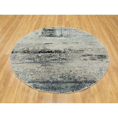 Tapis rond gris / beige / noir à motif abstrait nouvel âge noué à la main de conception unique 6 pi Breyn