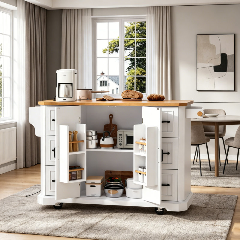 Rustic Rolling Kitchen Island with Drop Leaf, Power Outlet, and Ample Storage on 4 Wheels for Modern Kitchens and Dining Rooms