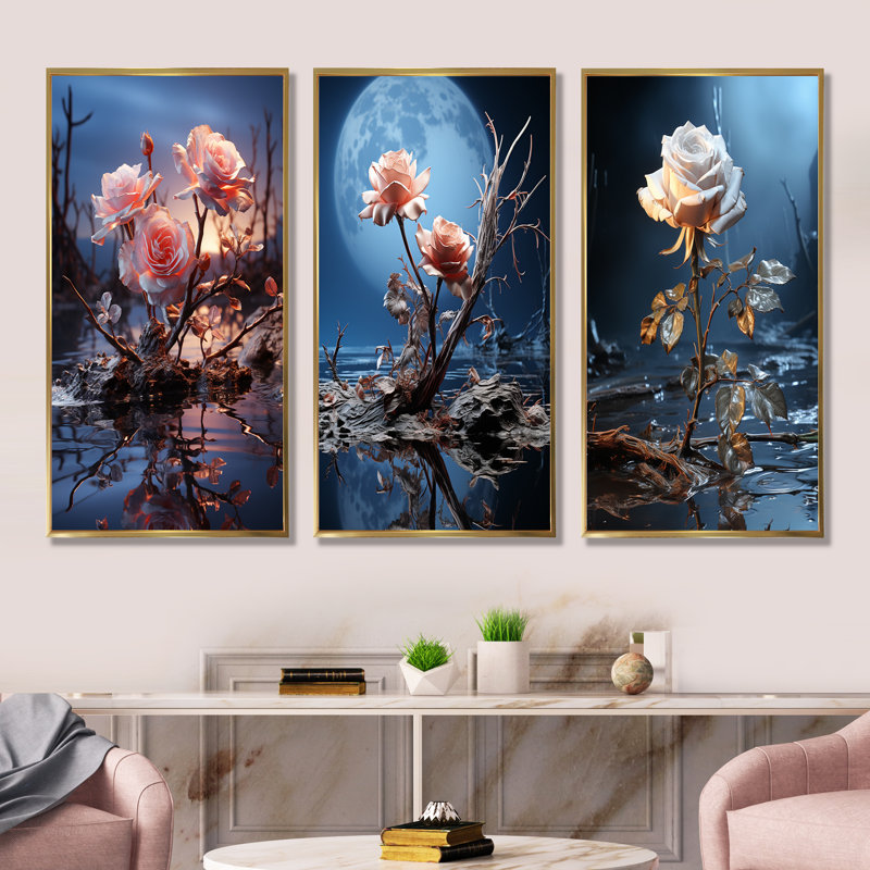 Ensemble de salon 3 pièces Moonlit Flower Serenity Blooms I - Rose, Cadre flottant doré, H 40 po x l 60 po