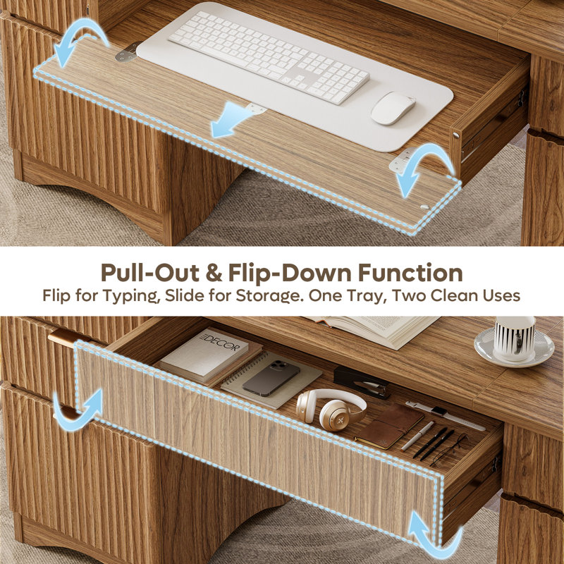 Labelle 62.99" Fluted Executive Computer Desk with 4 Storage Drawers &  Flip-Down Keyboard Tray,Modern Brown Oak Home Office Desk with Cabinet & Adjustable Shelf