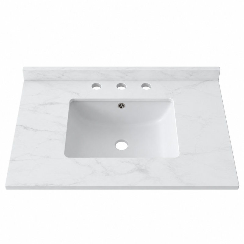 Plan de toilette en marbre artificiel blanc de Carrare 76 x 46 cm avec lavabo intégré à trop-plein et robinetterie à 3 trous (plan seulement).