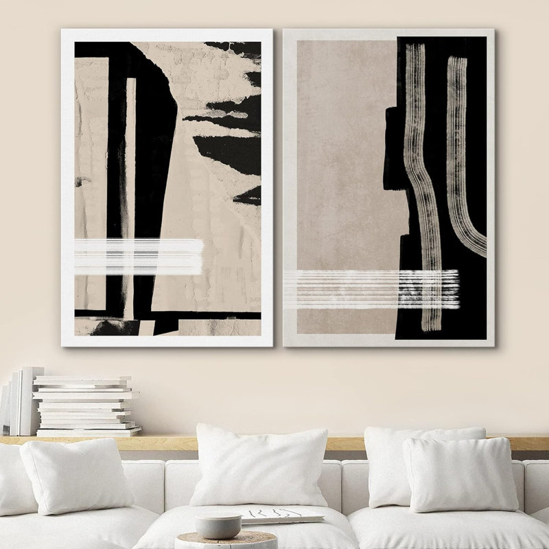 Reproduction de style Mid-Century gris foncé Mid-Century Polygon Collage Abstract Formes Minimal Contemporary Zen sur toile 2 pièces