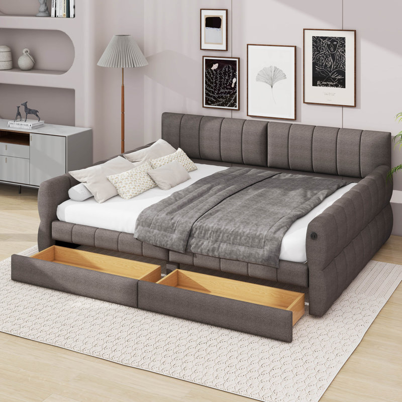 Grand lit de jour avec port USB et 2 tiroirs, Gris