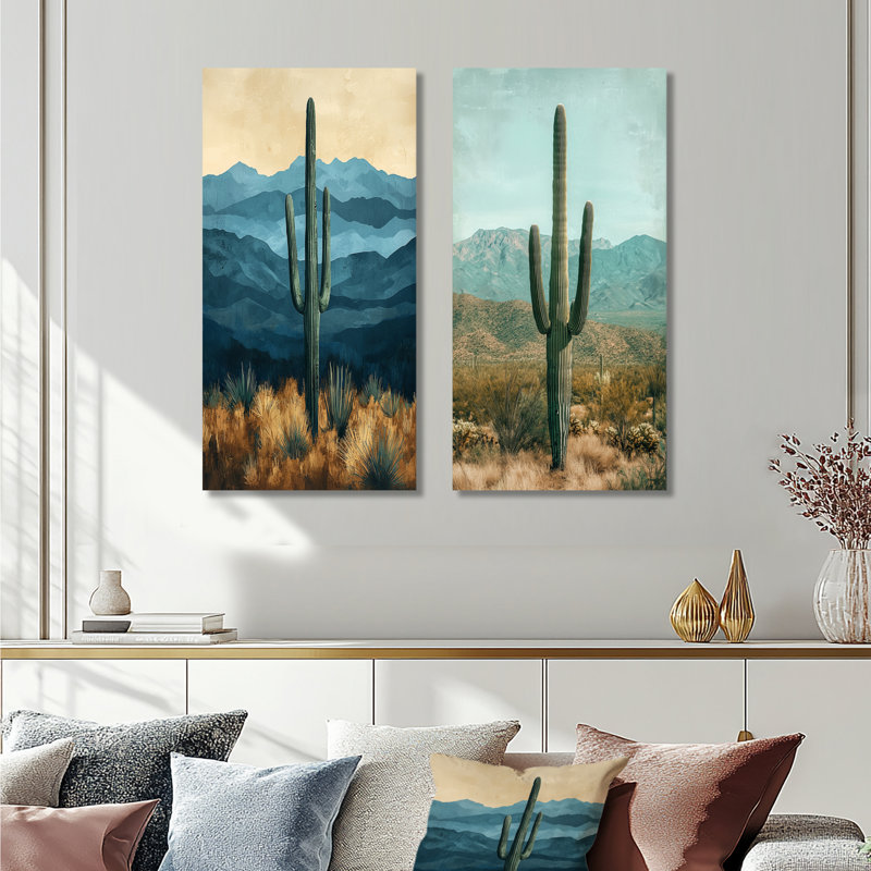 Cactus et montagnes I - Désert vert grand ensemble de 2 reproductions d'art en métal, 40" H x 40" W