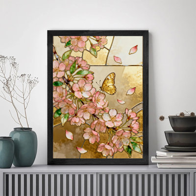 Art encadré noir, belles fleurs qui attirent des papillons dorés, impressions sur toile de style rétro