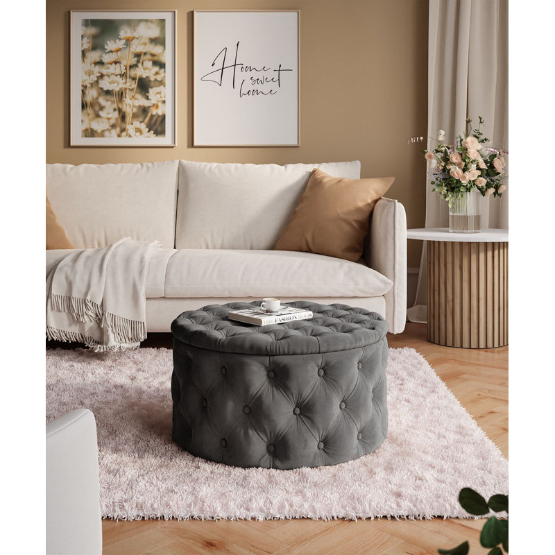CHESTERFIELD Round Upholstered Pouf Hocker 70 cm, Grey Polyester