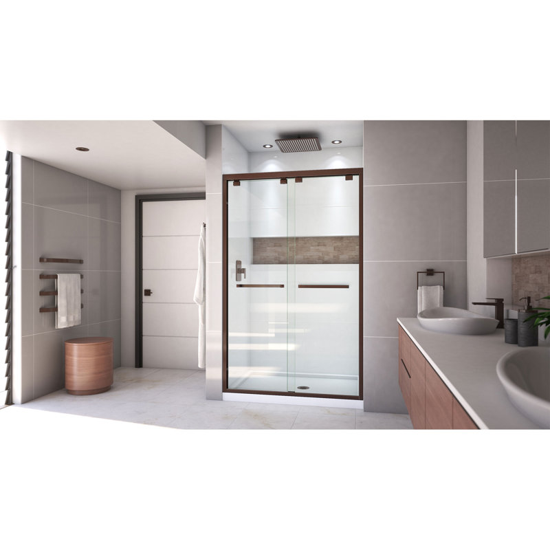 Encore 78.75" H Semi-frameless Sliding Shower Enclosure, Oil Rubbed Bronze/White, Center