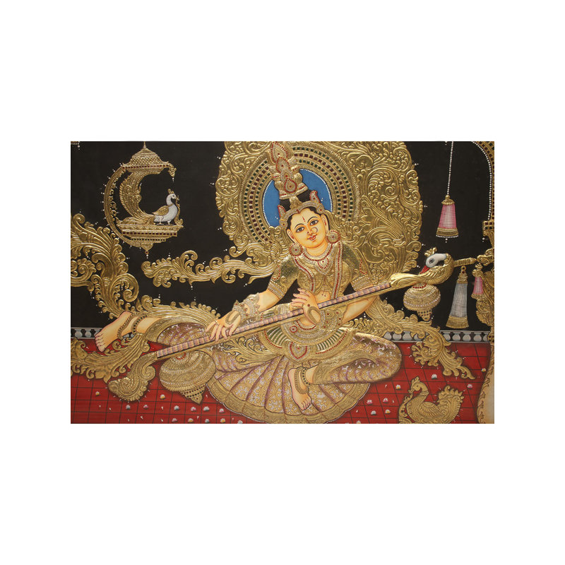 Peinture en relief de la déesse de Tanjore Saraswati avec cadre en or 24 carats - Art mural indien traditionnel pour étude, salon et décor spirituel