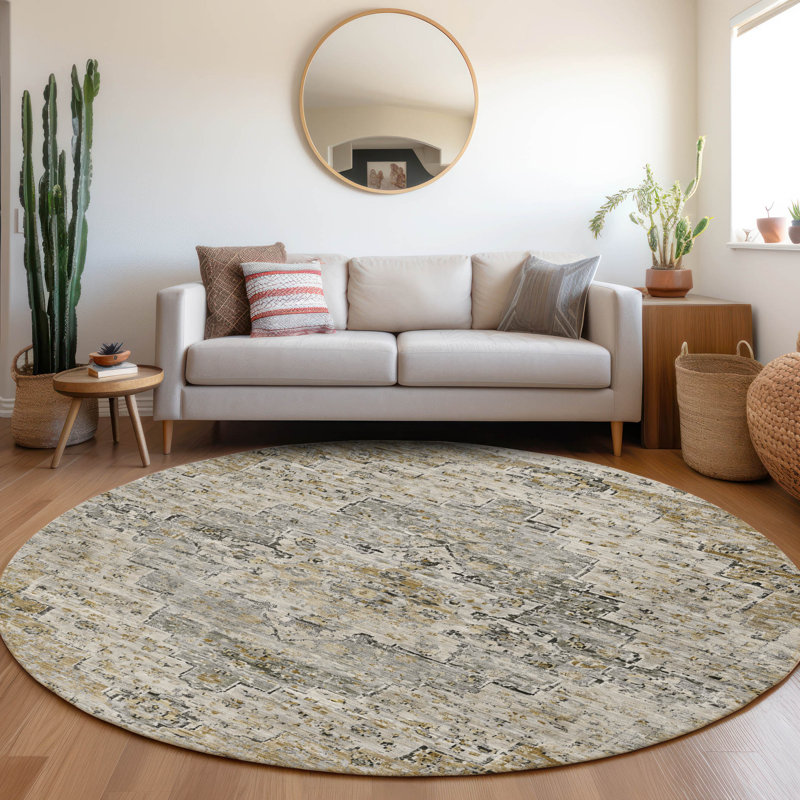 Machine Washable Indoor/Outdoor Xhevrie Taupe Rug, Round 8'