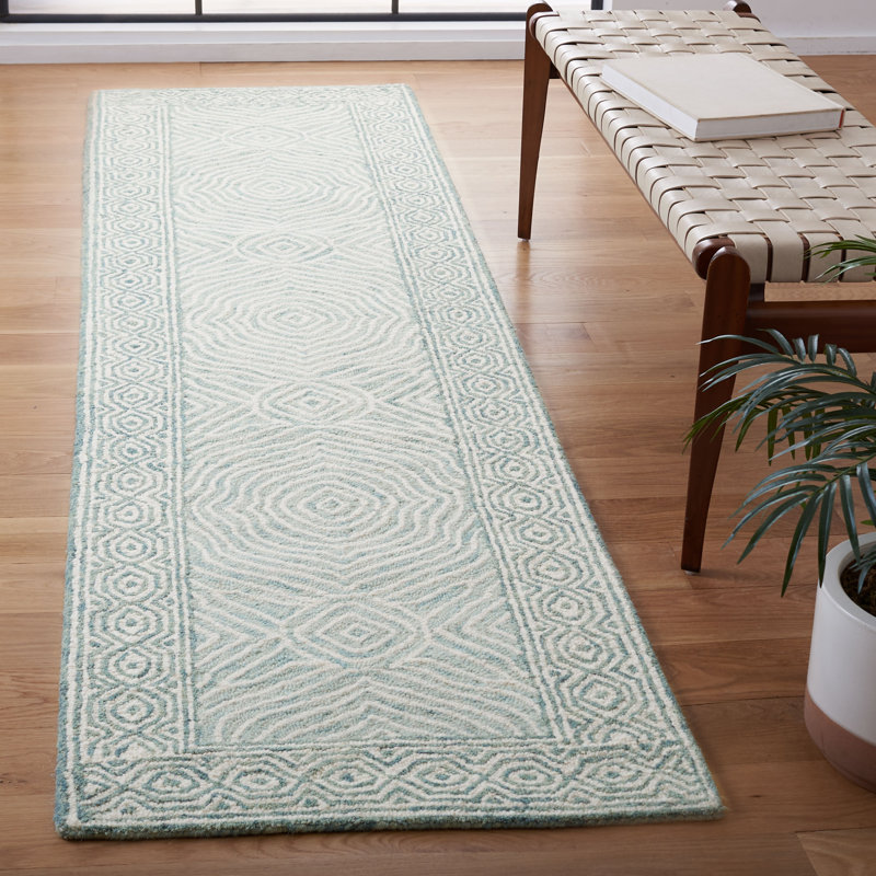 Tapis vert / bleu en laine touffeté à la main Antim, Tapis de couloir 2 pi 3 po x 9 pi