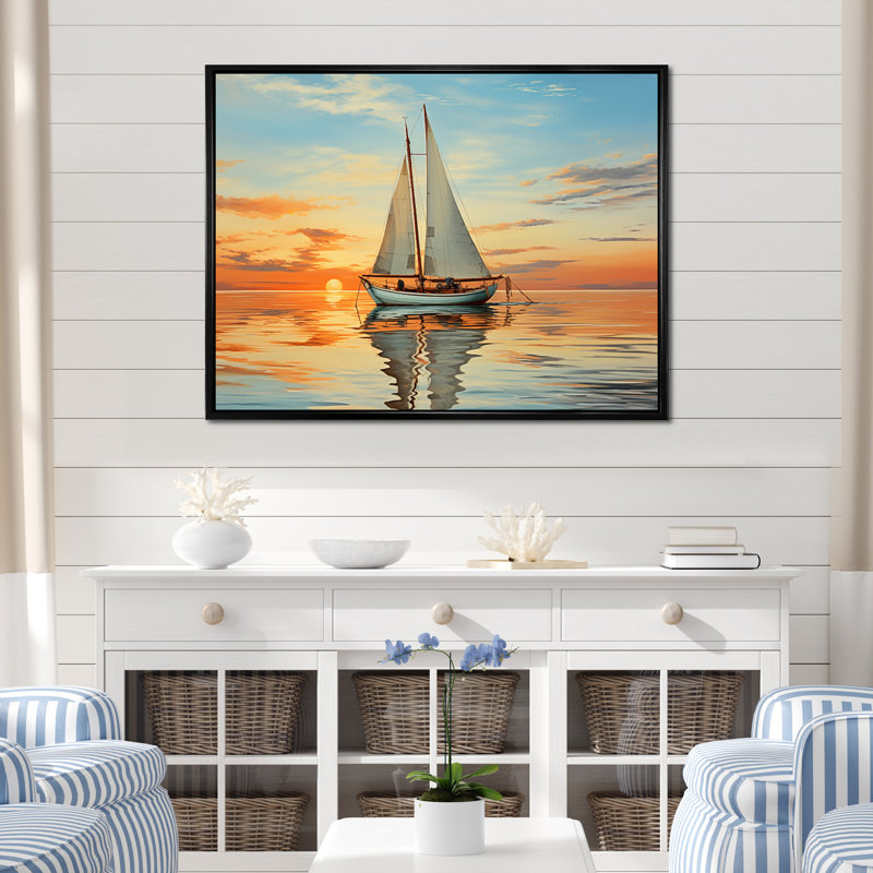 Voilier, réflexion rythmique I sur toile, H 30 po x l 40 po x P 1,5 po, Cadre flottant noir