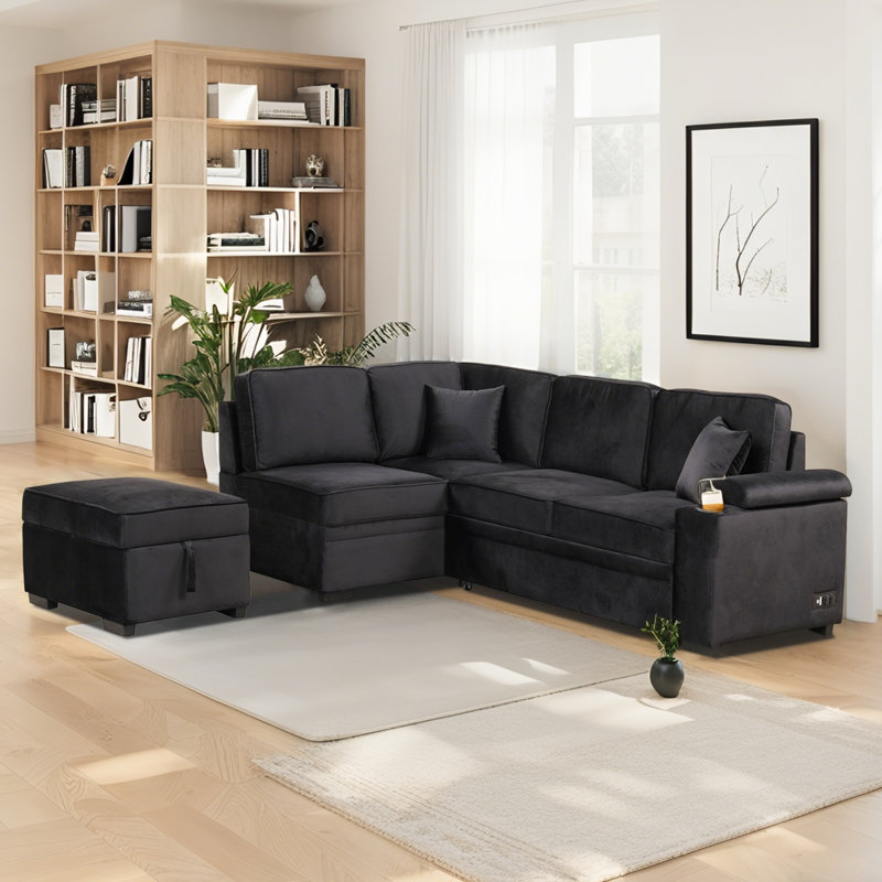 Canapé-lit en L avec repose-pieds avec rangement, 2 en 1 pour les petits espaces, Noir