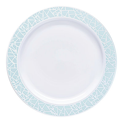 White with Turquoise Blue and Silver Mosaic Rim Round Plastic Dinner Plates (10.25")