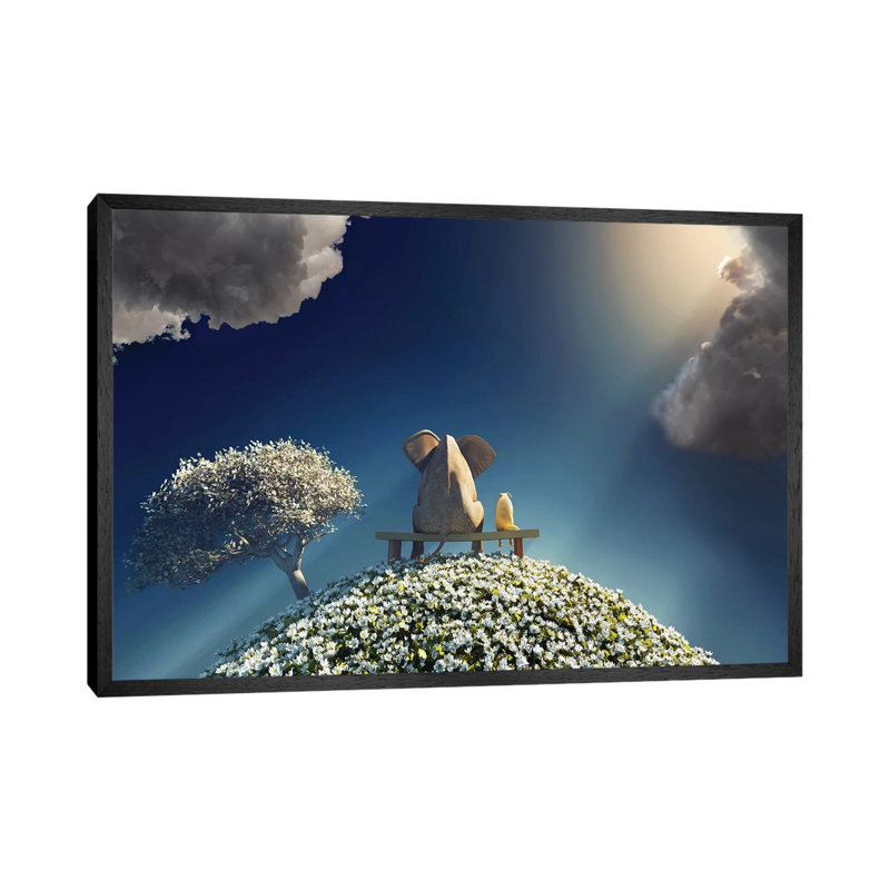 Elephant And Dog Sitting On A Spring Planet by Mike Kiev - Print on Canvas, Black Framed Canvas, 101.6 cm H x 66.04 cm W