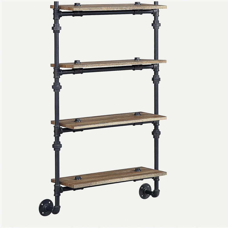 4 Tier Wall Shelf with Metal Tube, Oak and Sandy Black