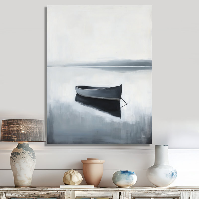 Barque solitaire sur eau calme - Tableau encadré en forme de barque, H 32 po x l 16 po, Toile tendue
