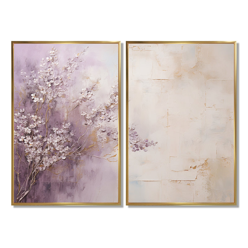 «Blooming Lilac Melody II» - art mural traditionnel mauve, H 36 po x l 48 po, Impression encadrée flottante, Doré
