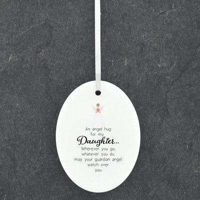 An Angel Hug For My Daughter Oval Shaped Ceramic Hanging Ornament