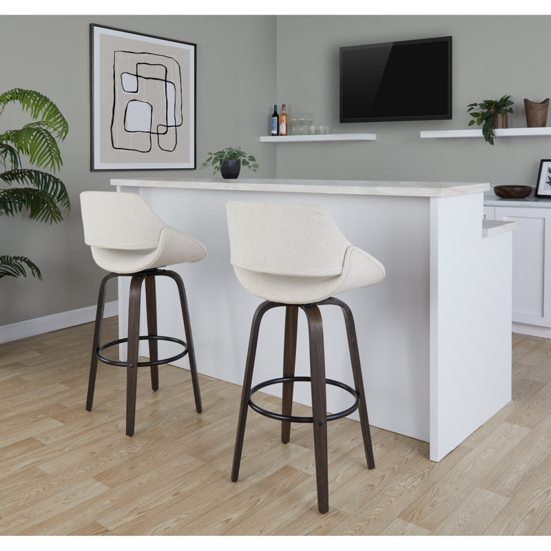 Tabouret de bar Mid-Century moderne à hauteur fixe avec pivot, Siège beige / noyer foncé / structure noire