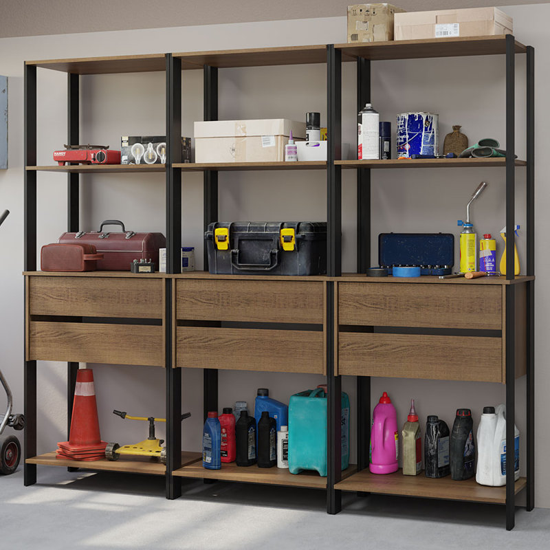  Étagère de rangement pour garage avec 6 tiroirs et tablettes ouvertes L 82 po, Brun