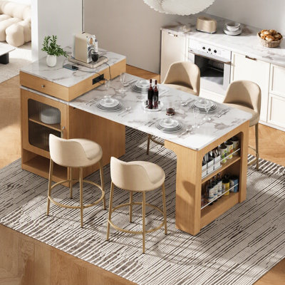 Îlot de cuisine 59,5 po avec table de salle à manger extensible K&K, table de rangement avec rangement double-face, îlot de cuisine avec 2 tiroirs, prise de courant, tablettes ouvertes sur le côté