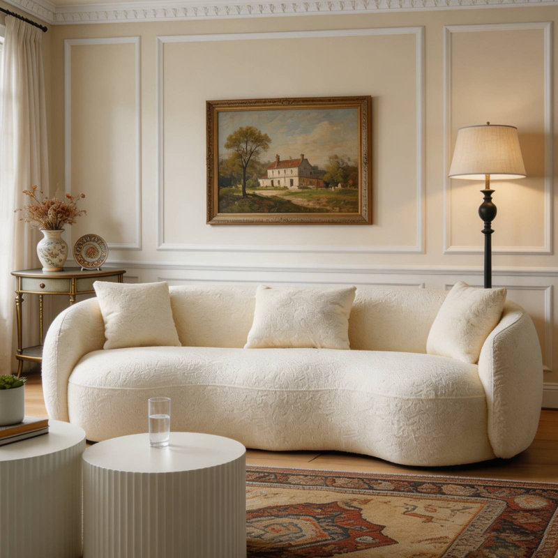 93.6" Teddy Boucle Fabric Curved Modern Sofa, 26.9" H x 93.6" W x 41.3" D, Beige  Boucle Fabric