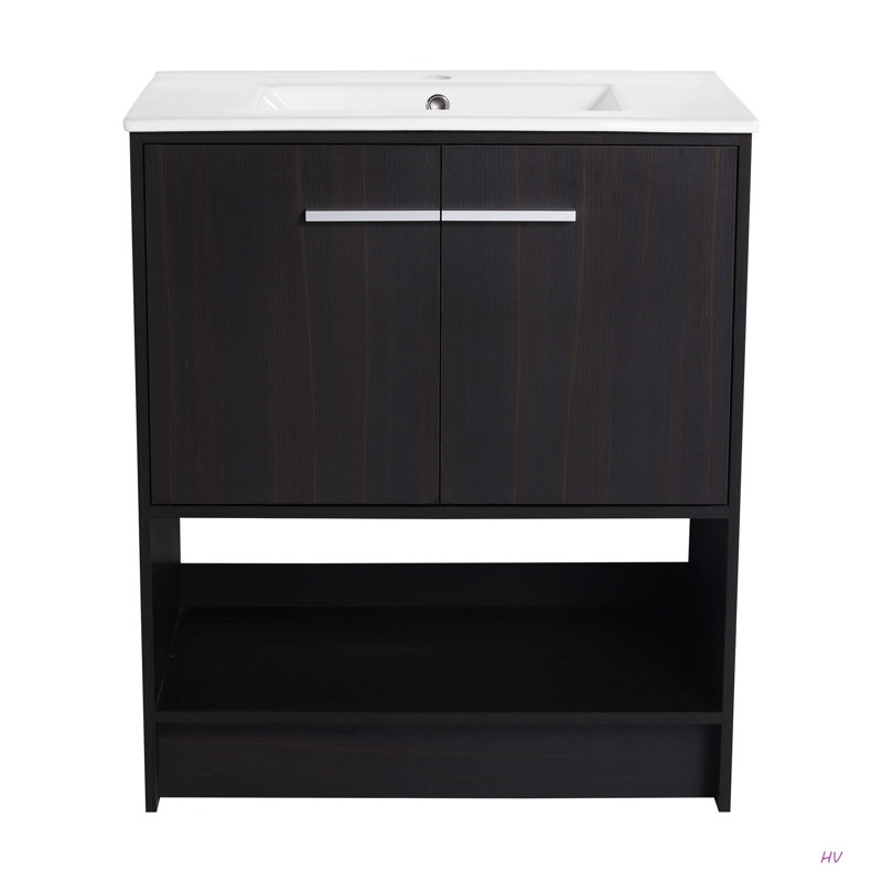 Meuble-lavabo 30 po avec lavabo en céramique, 2 portes à fermeture douce, meuble-lavabo autoportant, contreplaqué, Noir, 30"