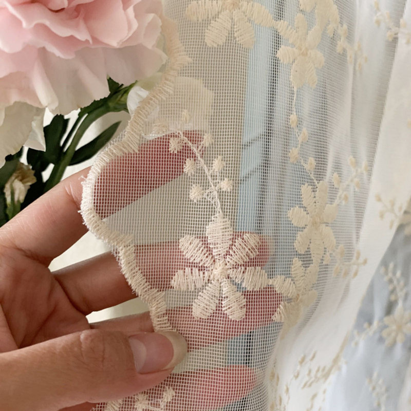 1 Panel Embroidered Lace Curtain Drapes, Single Panel No-Drill Curtain Rod Pocket Bow Tie Sheer Lace Window With Floral Pattern For Kitchen & Home Decor, W/125 X H/150Cm
