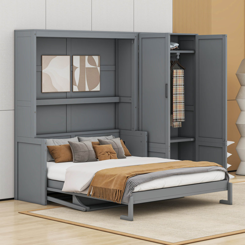 Grand lit escamotable mural avec placard, gris