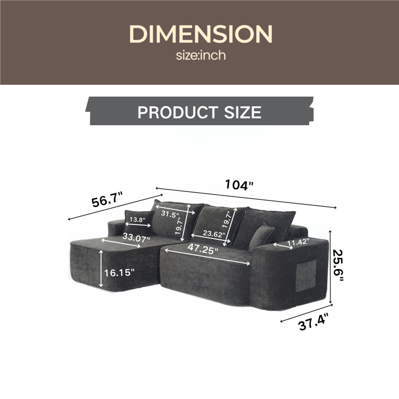 Canapé modulaire en L en forme de L, canapé Cloud de 104 po avec méridienne, sièges très profonds, aucun assemblage requis, canapé d'angle moderne et modulaire pour le salon, chenille