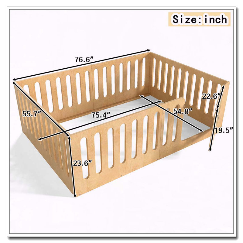 Lit sur pied avec clôture haute avec porte, profil bas et conception sans sommier, Lit double, Naturel